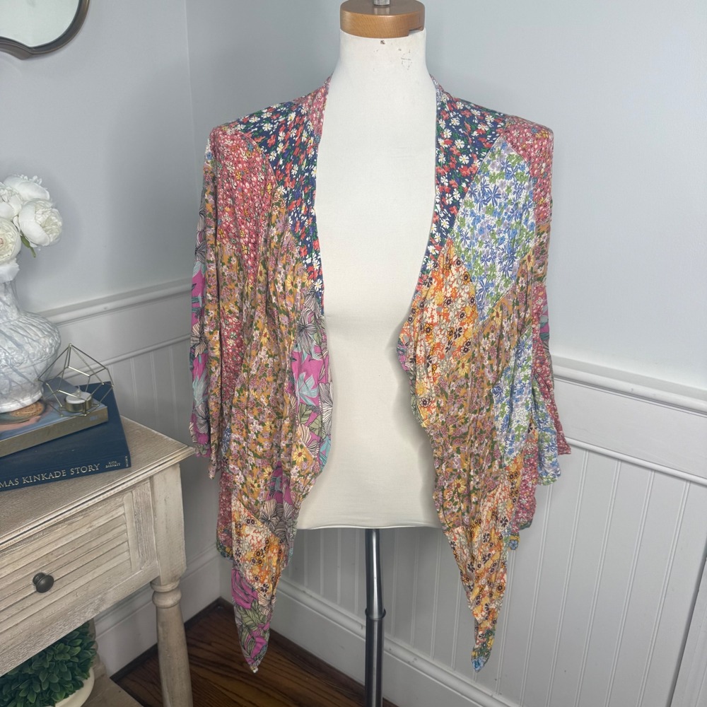 Young Threads Floral Patchwork Open Front Cardigan Pockets Multicolor M Boho
